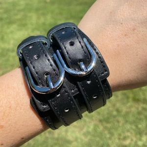 Black Leather Men Women Moto Biker Cuff Bracelet